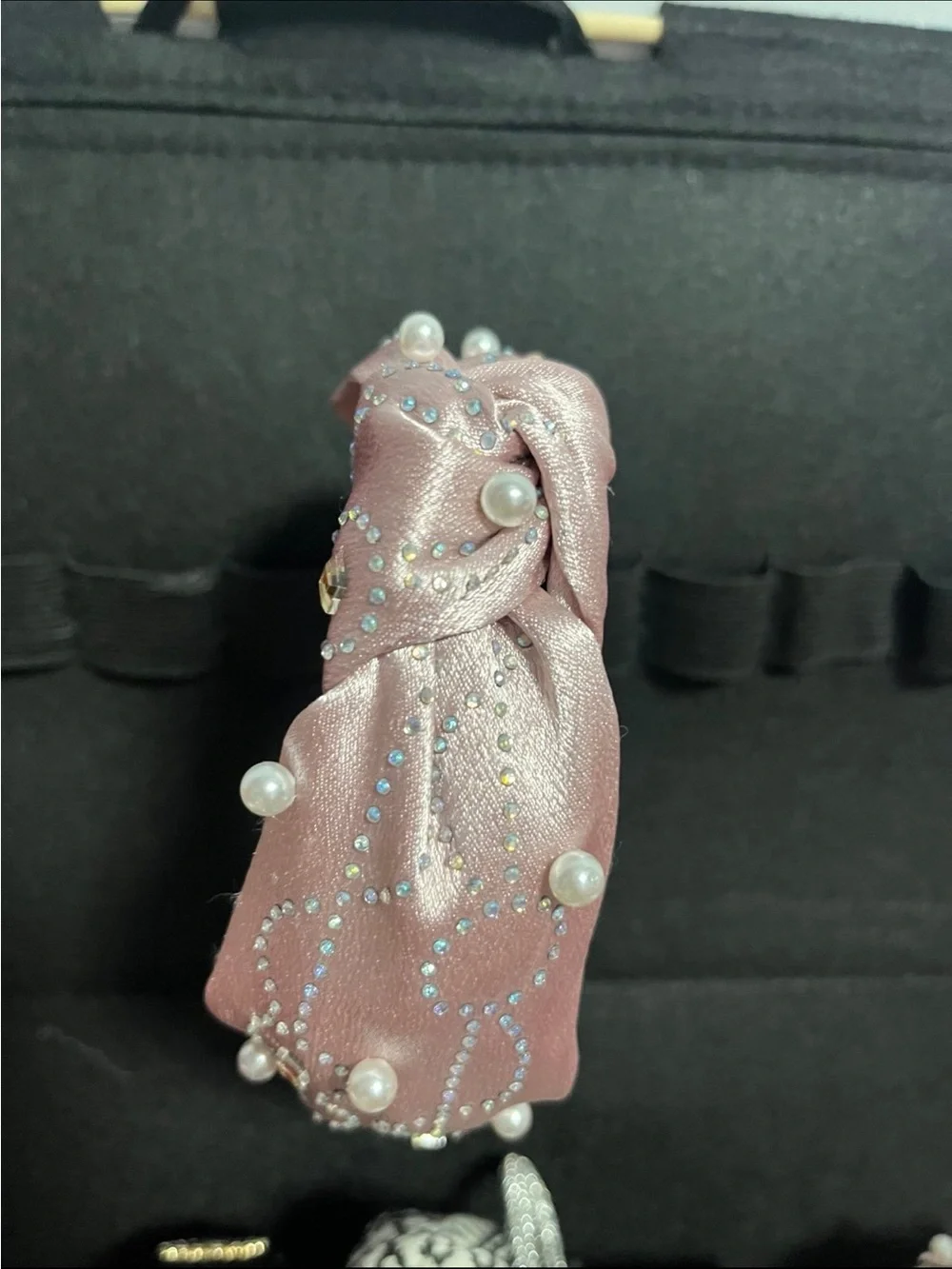 Pearl-Embellished Pink Satin Headband